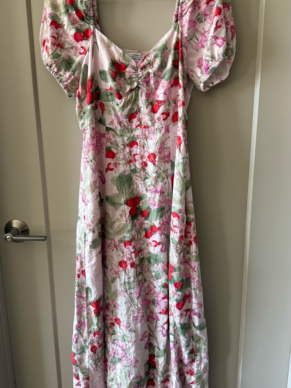 & Other Stories Pink Floral Midi Dress with Red and Green Accents